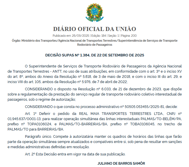 ANTT autoriza Real Maia a operar linhas simultâneas entre Palmas e Barreiras 1 ANTT