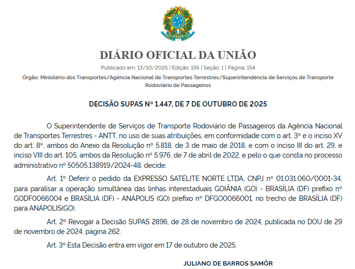 ANTT autoriza paralisação simultânea de linhas da Expresso Satélite Norte entre Brasília, Anápolis e Goiânia 1 ANTT
