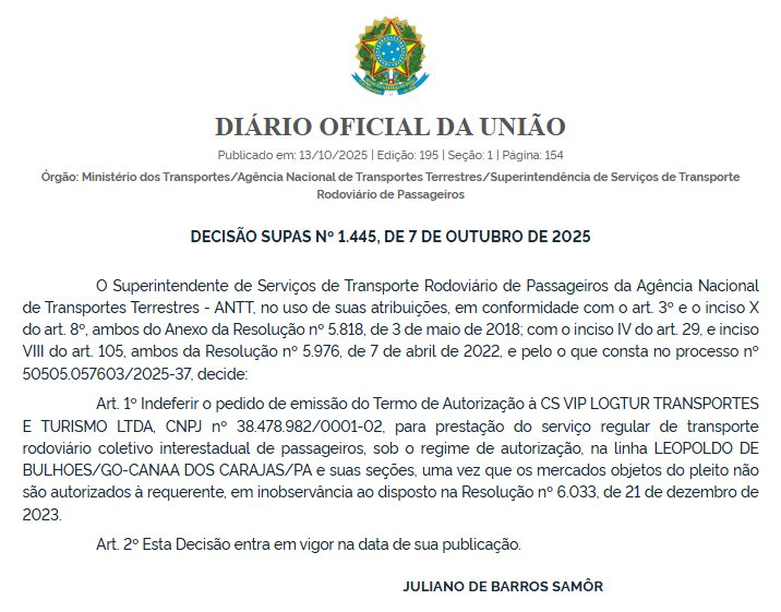 ANTT nega pedido de autorização da CS VIP Logtur (Viação Vip Brasil) para operar linha entre Goiás e Pará 1 ANTT