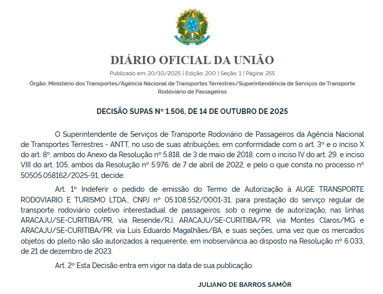 ANTT nega pedidos da Expresso Auge para operar linhas entre Aracaju e Curitiba 1 ANTT