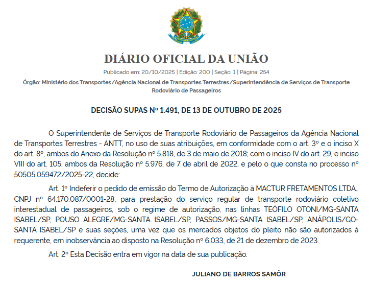 ANTT nega quatro pedidos da Mactur Fretamentos para operar linhas entre Minas, Goiás e São Paulo 1 ANTT