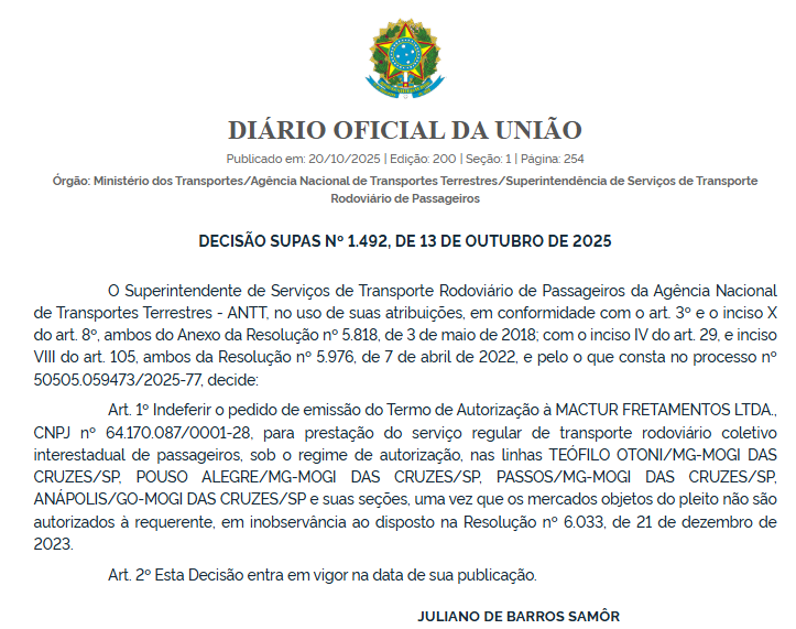 ANTT nega quatro pedidos da Mactur Fretamentos para operar linhas entre Minas, Goiás e São Paulo 2 ANTT