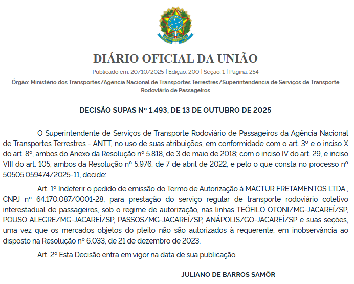 ANTT nega quatro pedidos da Mactur Fretamentos para operar linhas entre Minas, Goiás e São Paulo 3 ANTT