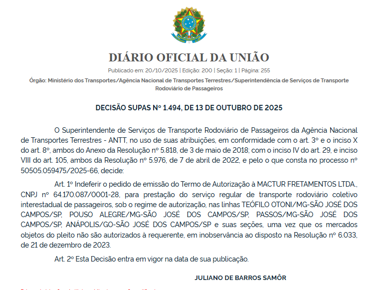 ANTT nega quatro pedidos da Mactur Fretamentos para operar linhas entre Minas, Goiás e São Paulo 4 ANTT