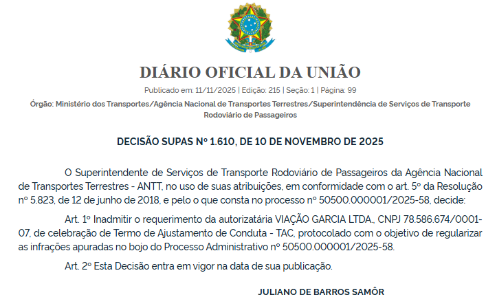 ANTT rejeita pedido da Viação Garcia para celebração de TAC referente a infrações apuradas em processo administrativo 1 Captura de tela 2025 11 11 061716