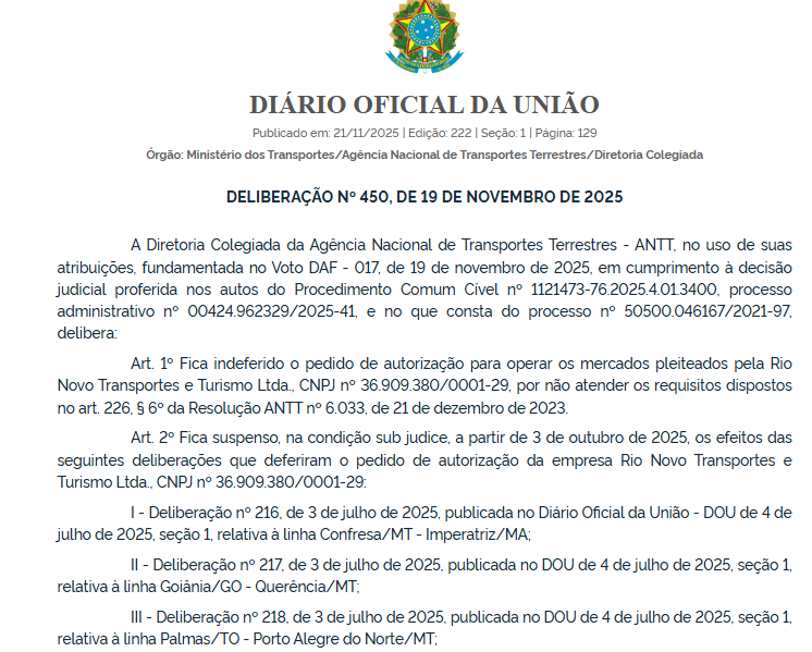 ANTT suspende, em caráter sub judice, autorizações da Rio Novo para seis linhas interestaduais e restabelece decisão anterior de indeferimento 1 ANTT