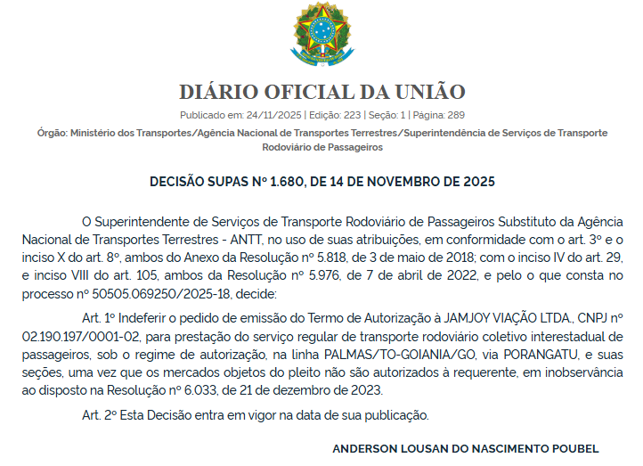ANTT indefere sete pedidos da Jamjoy Viação para operar linha Palmas–Goiânia 5 Captura de tela 2025 11 24 111254
