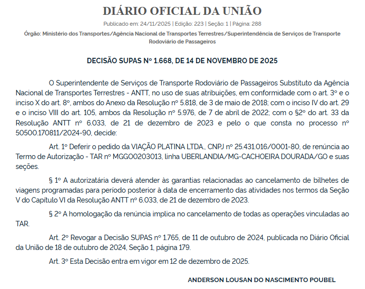 ANTT homologa renúncia da Viação Platina em quatro linhas interestaduais 1 ANTT