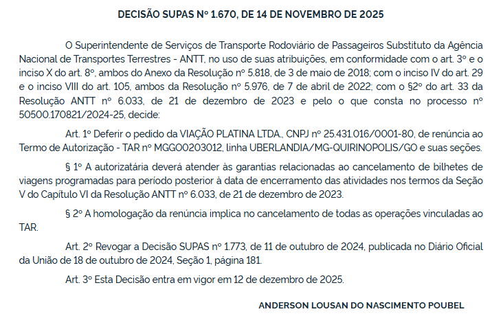 ANTT homologa renúncia da Viação Platina em quatro linhas interestaduais 3 ANTT