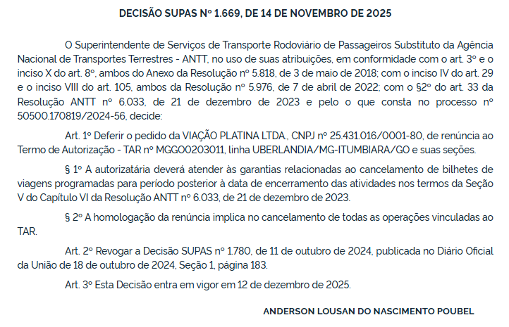 ANTT homologa renúncia da Viação Platina em quatro linhas interestaduais 2 ANTT
