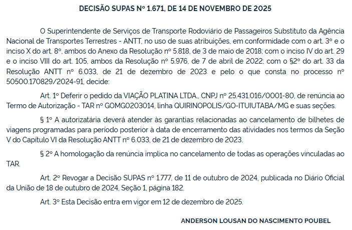ANTT homologa renúncia da Viação Platina em quatro linhas interestaduais 4 ANTT