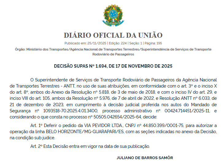 ANTT autoriza Via Pevidor a operar linha Belo Horizonte–Guarapari com 56 seções 1 ANTT