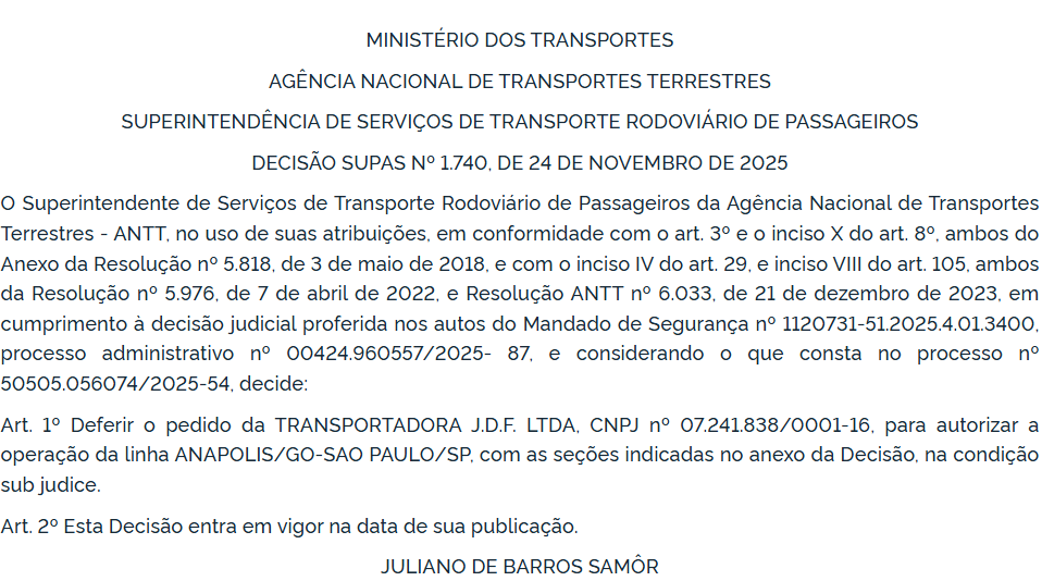 ANTT autoriza operação de novas linhas interestaduais da Três Estrelas entre Goiás, Minas Gerais e São Paulo 1 Captura de tela 2025 12 01 092813