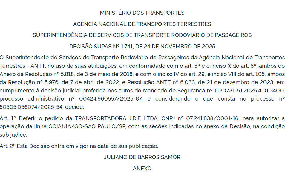 ANTT autoriza operação de novas linhas interestaduais da Três Estrelas entre Goiás, Minas Gerais e São Paulo 4 Captura de tela 2025 12 01 093221