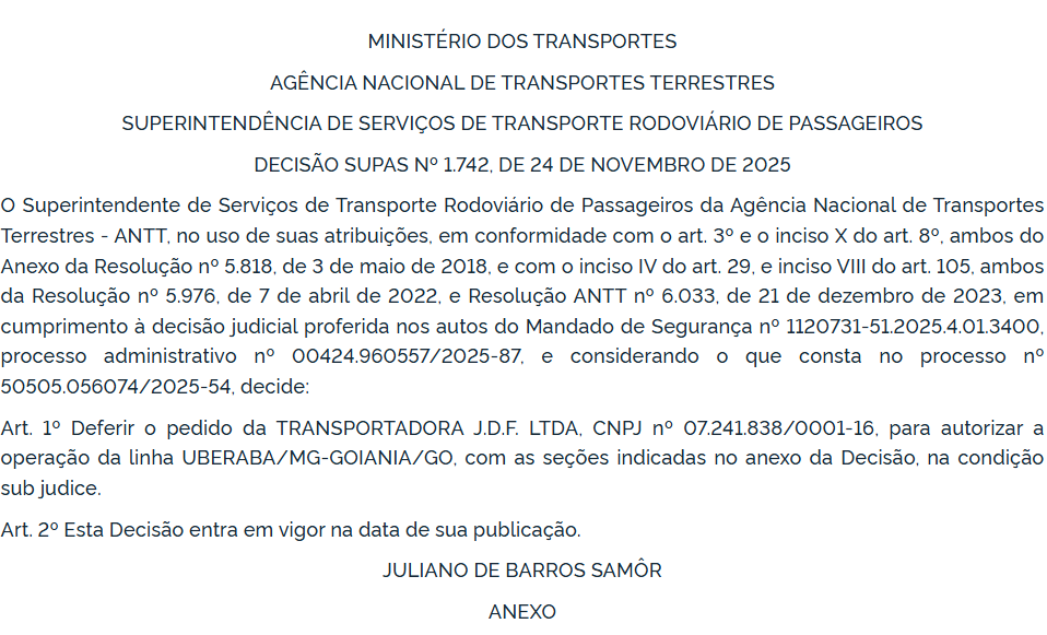 ANTT autoriza operação de novas linhas interestaduais da Três Estrelas entre Goiás, Minas Gerais e São Paulo 6 Captura de tela 2025 12 01 093435