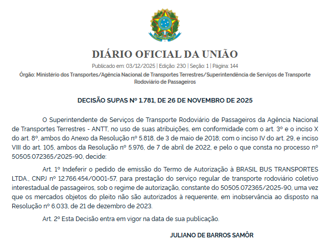 ANTT indeferiu 10 pedidos de autorização para operação de linhas interestaduais feitos por Brasil Bus, Auge Transporte e Três Estrelas 5 Captura de tela 2025 12 03 110421