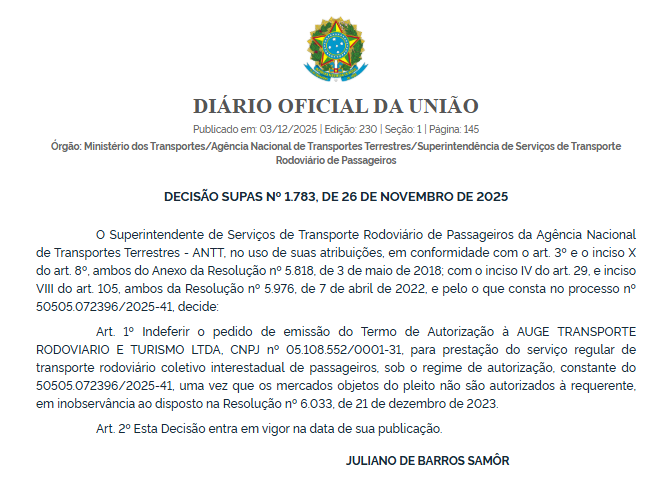 ANTT indeferiu 10 pedidos de autorização para operação de linhas interestaduais feitos por Brasil Bus, Auge Transporte e Três Estrelas 7 Captura de tela 2025 12 03 110447