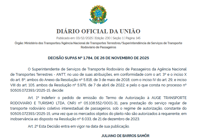 ANTT indeferiu 10 pedidos de autorização para operação de linhas interestaduais feitos por Brasil Bus, Auge Transporte e Três Estrelas 8 ANTT