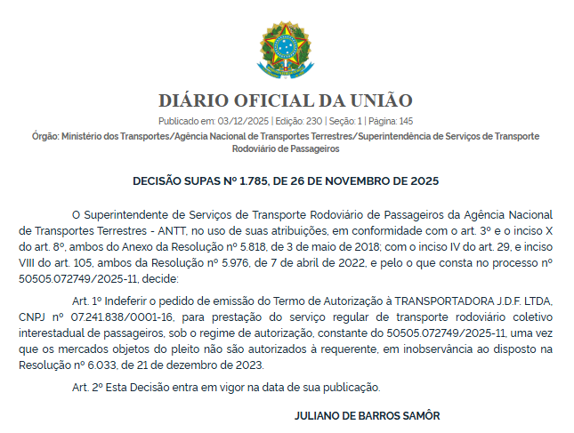 ANTT indeferiu 10 pedidos de autorização para operação de linhas interestaduais feitos por Brasil Bus, Auge Transporte e Três Estrelas 9 Captura de tela 2025 12 03 110515
