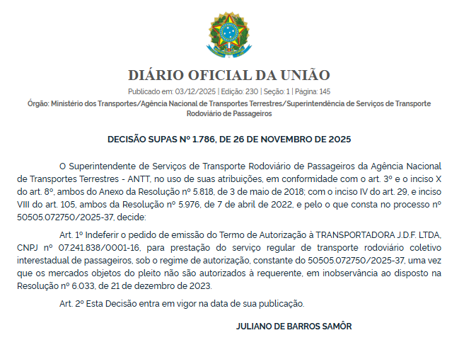 ANTT indeferiu 10 pedidos de autorização para operação de linhas interestaduais feitos por Brasil Bus, Auge Transporte e Três Estrelas 10 Captura de tela 2025 12 03 110528