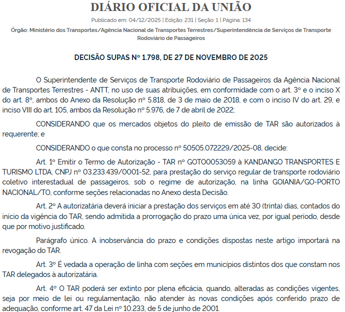 Viação Catedral recebe autorização da ANTT para operar nova linha entre Goiânia (GO) e Porto Nacional (TO) 1 ANTT
