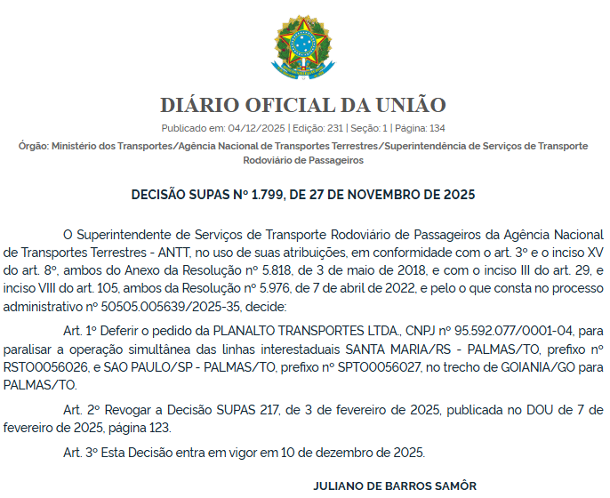 ANTT revoga operação simultânea da Planalto no trecho Goiânia–Palmas 1 Captura de tela 2025 12 04 064031