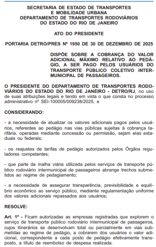 DETRO/RJ autoriza cobrança de valor adicional de pedágio no transporte intermunicipal 1 Captura de tela 2026 01 21 124517