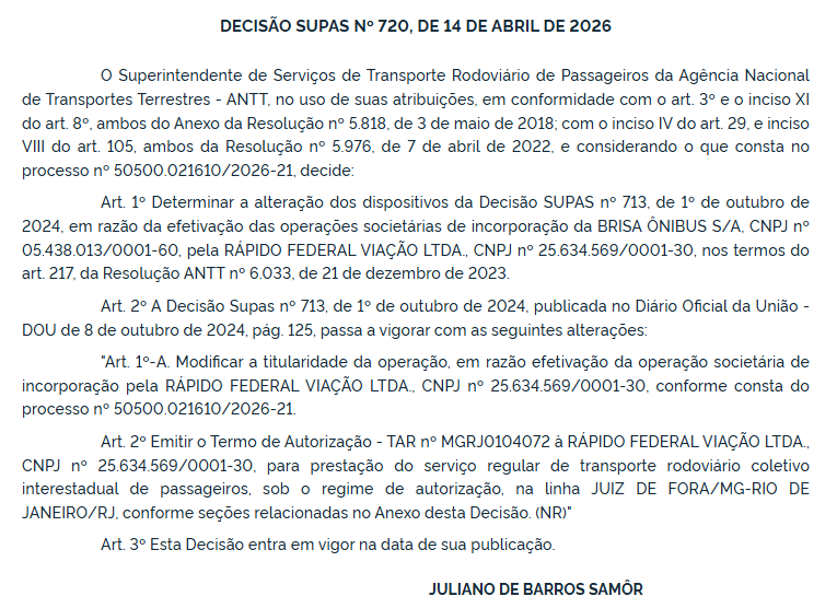 ANTT transfere linha Juiz de Fora x Rio de Janeiro para a Rápido Federal após incorporação da Brisa Ônibus 2 ANTT