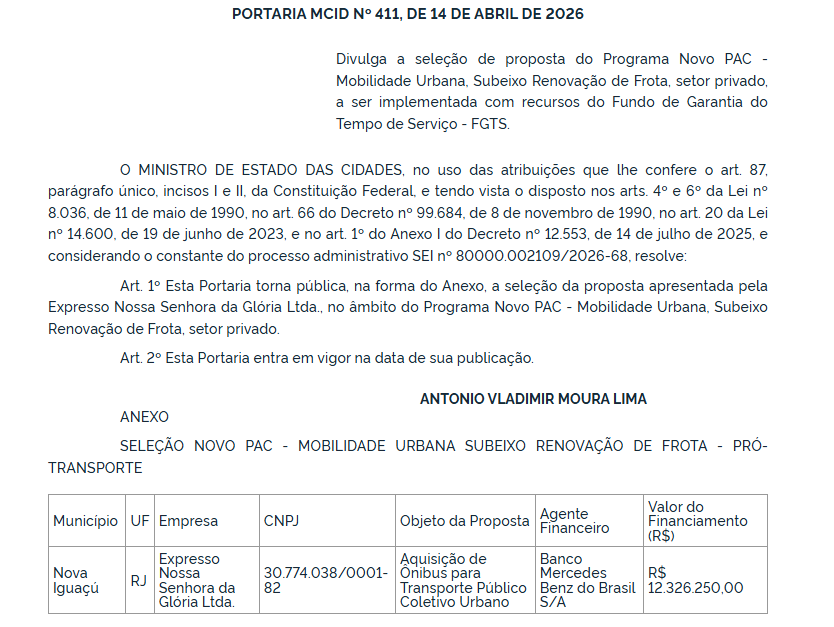 Novo PAC seleciona Expresso Nossa Senhora da Glória para renovação de frota em Nova Iguaçu com R$ 12,3 milhões 1 Captura de tela 2026 04 27 061048