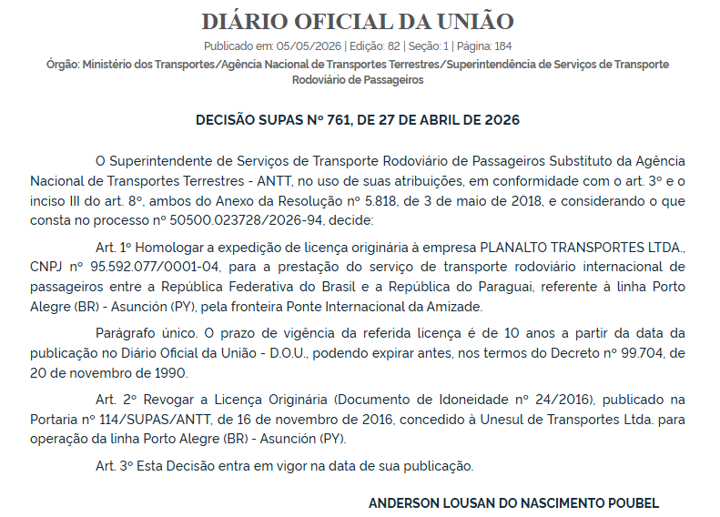Unesul deixa operação interestadual e linha internacional para Assunção é transferida à Planalto após decisão da ANTT 2 ANTT