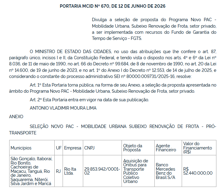 Novo PAC destina mais de R$ 52 milhões para renovação da frota de ônibus da Rio Ita no estado do Rio de Janeiro 1 Novo PAC